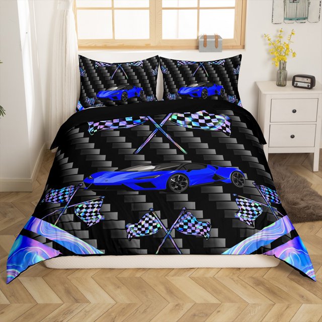 Erosebridal Girls Sports Car Comforter Cover Todder, Extreme Racing Flag Bedding Todder Size, Black Navy Blue 2 Pieces (No Comforter)