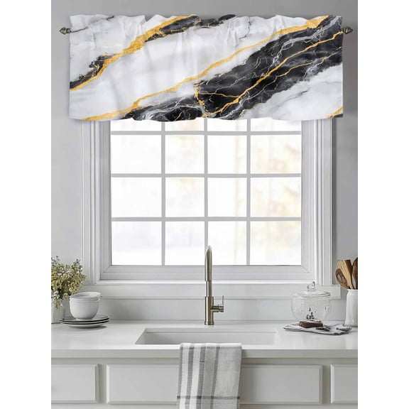 Grey Gradient Marble Abstract Art Valances for Windows,Kitchen Valance Rod Pocket Short Curtain,Gold Foil Valance Curtain Window Valances for Bedroom Living Room 54"x18"