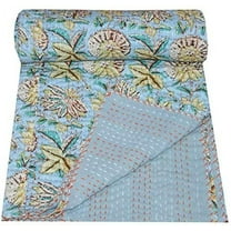 Yuvancrafts Indian Handmade Kantha Quilt Hand Block Floral Print Twin Size Kantha Bedspread Throw Quilt Blanket