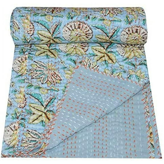 Yuvancrafts Indian Handmade Kantha Quilt Hand Block Floral Print Twin Size Kantha Bedspread Throw Quilt Blanket