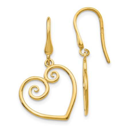 - 14k Solid Yellow Gold Heart Dangle Shepherd Hook Earrings