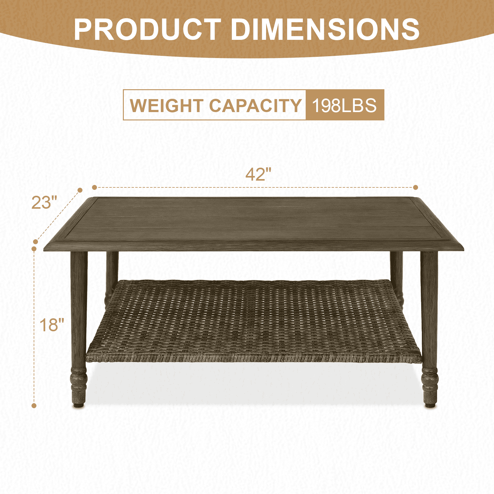 MOLIBYME Outdoor Wicker 2-Tier Coffee Table, Hand Woven Patio Wicker Storage Table for Balcony Porch Deck, Wood Grain Finish