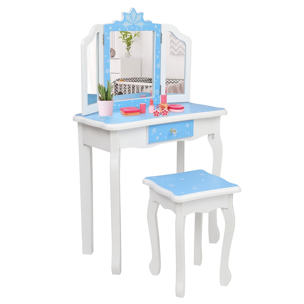 Paproos Kids Vanity with Mirrors and Stool, Pretend Play Kids Vanity Set with Tri-folding Mirror, Drawer, Wood Princess Makeup Vanity Desk, Toddler Vanity Dressing Table for Little Girls 3+, Blue