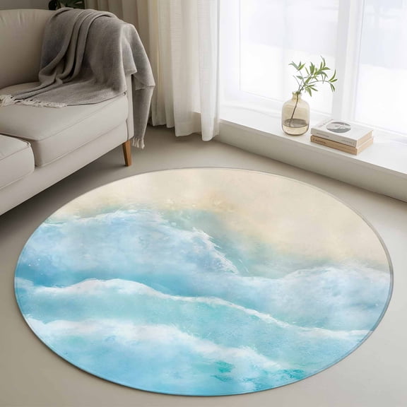 Round Rugs 4 Ft, Blue Beige Non Slip Area Rugs for Kitchen Bedroom Entryway, Summer Beach Washable Carpet Runner Rug Floor Mats for Bedroom Home Decor Coastal Nautical Ocean