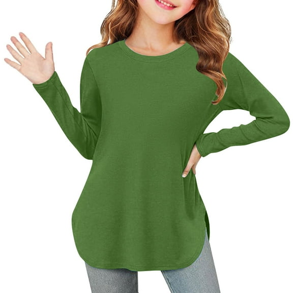 SERTG Children Solid Color Leisure Round Neck Shirts Spring Fall Hem Side Slit Soft Tunic Tops Long Sleeves Blouse for Kids 3-12 Years (Green,4 Years)