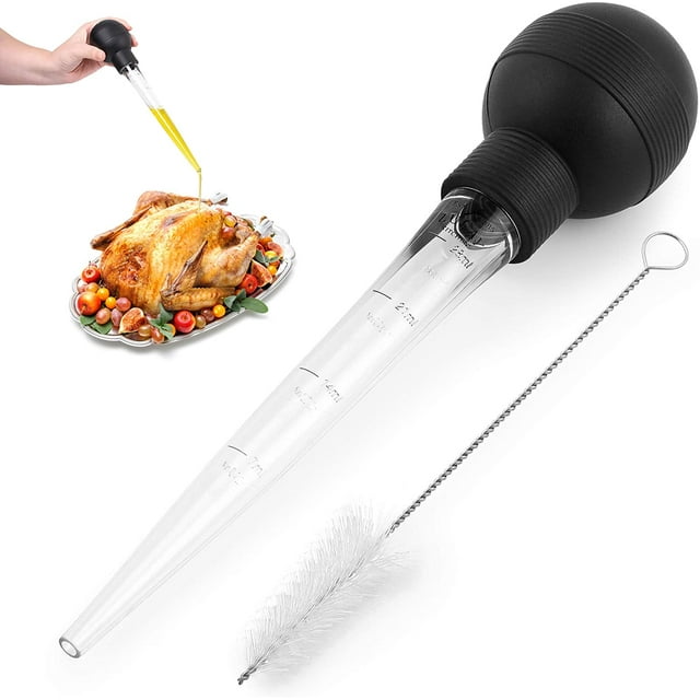 Baster para pavo con cepillo de limpieza - Baster de jeringa de grado alimenticio para cocinar y rociar con bombilla redonda desmontable - Ideal para grasas de mantequilla, glaseados, jugos para asar