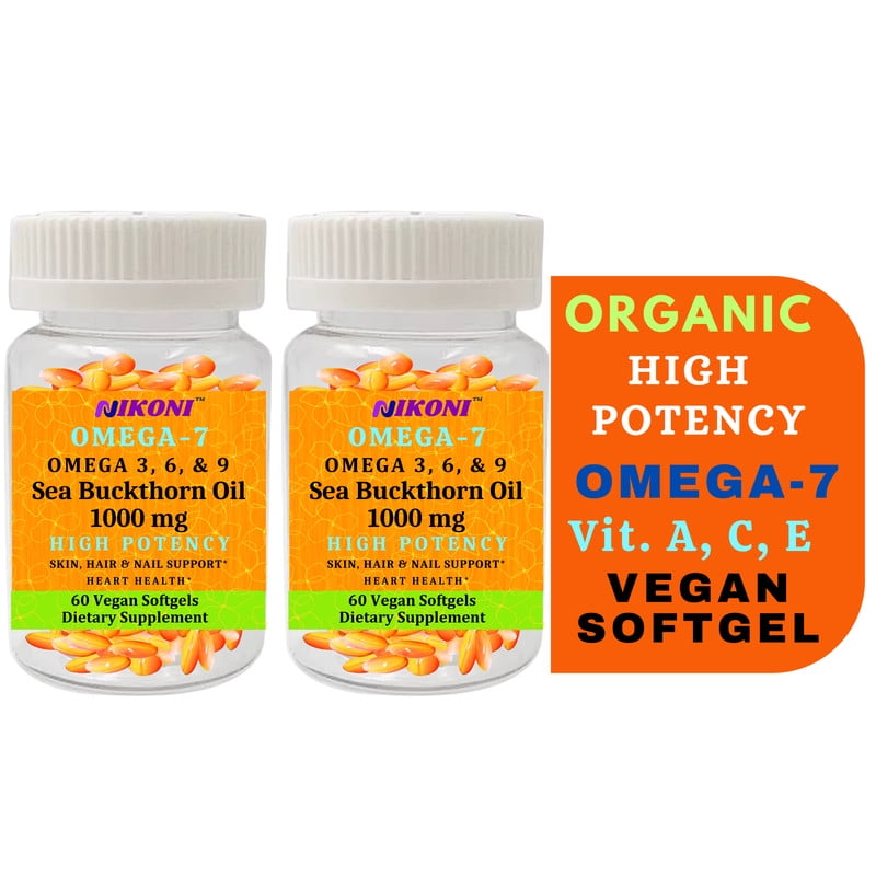 Nikoni Organic Sea Buckthorn Oil Vegan Softgels, Omega-7 and Antioxidant Nutrients for Skin, Hair and Nail Support, 120 Count