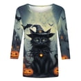thumbnail image 3 of Uootdi Halloween Womens Tops Crew Neck Black Cat Print 3/4 Sleeve Shirts for Women Loose Fit Halloween Party Soft Womens Tees Gift, 3 of 5
