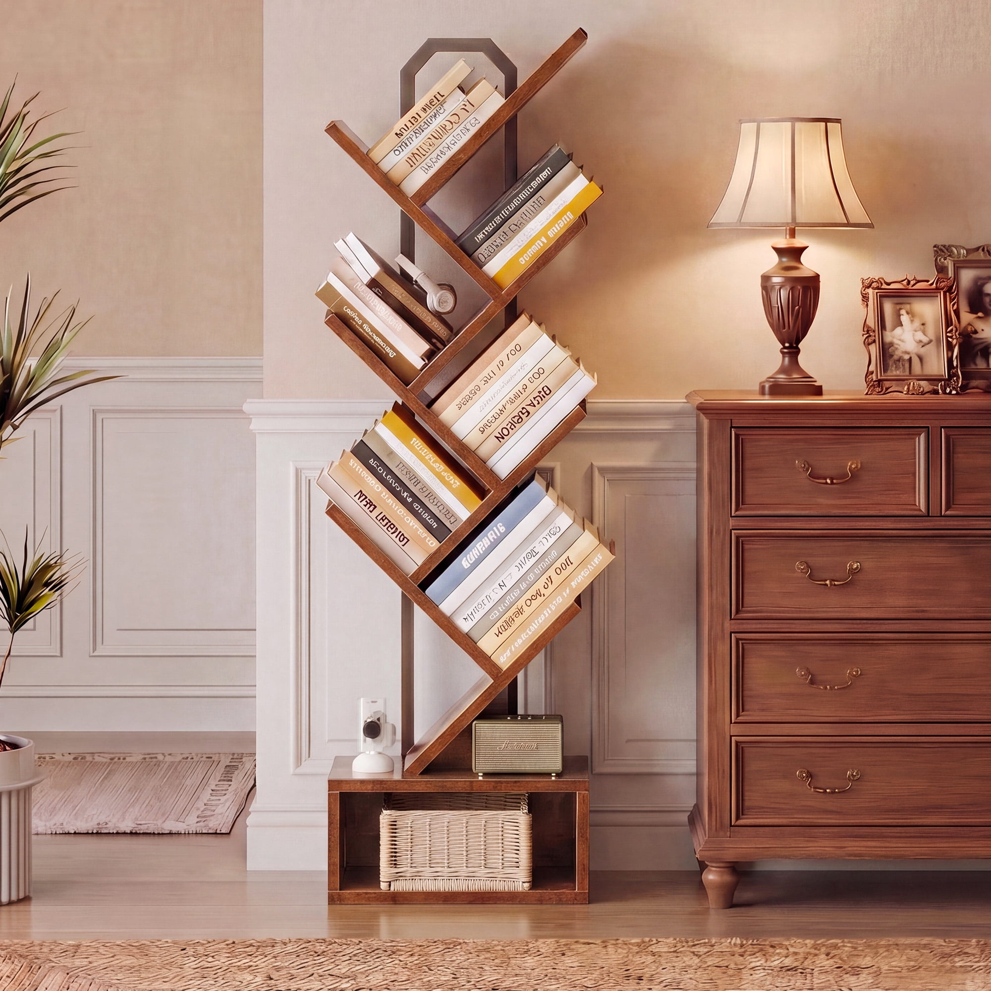 Casacomoda 6-Tier Tree Bookshelf for Corner & Small Space — Narrow Steel & Wood Bookcase, Tall Floor Standing Book Organizer Shelf with Storage Cabinet, Home Decor for Living Room, Bedroom, Vintage