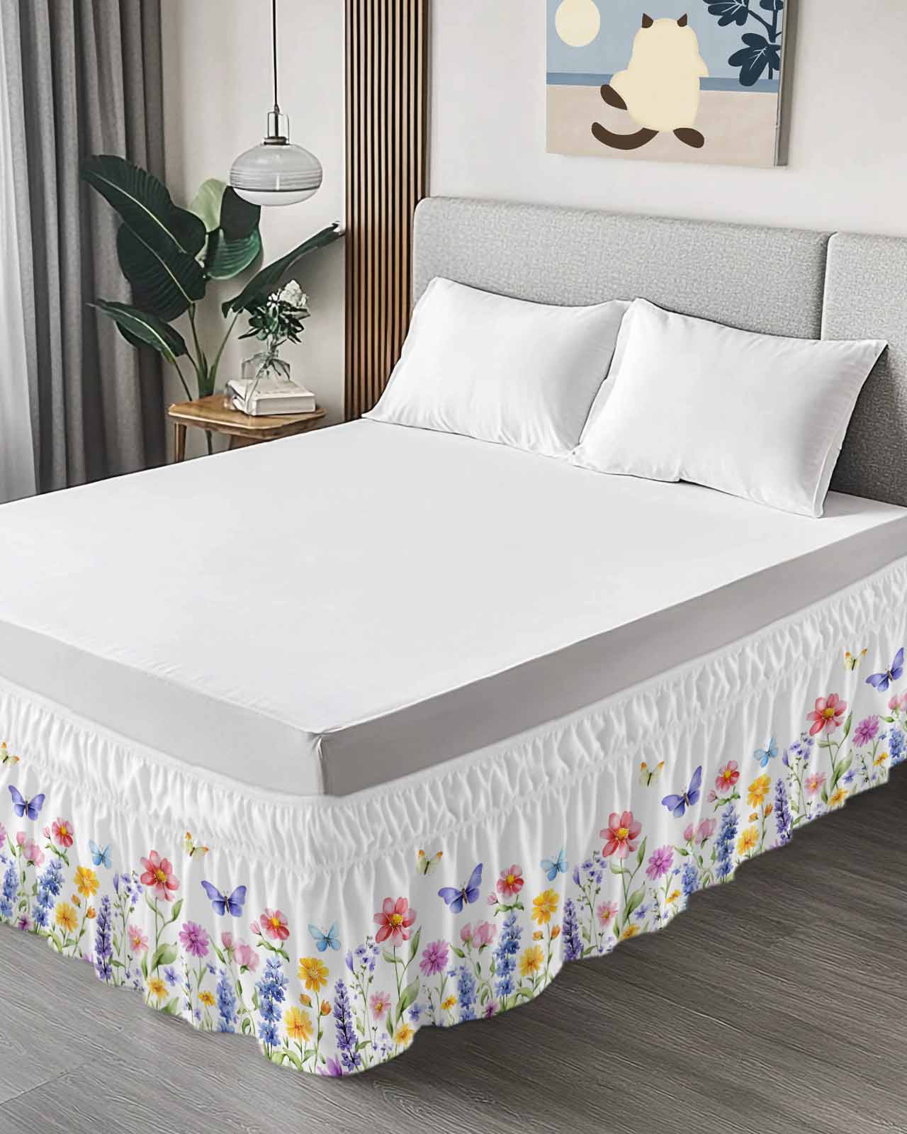 Purple Blue Pink Flower Bed Skirt Wildflower Butterfly Plant Bed Skirts Queen Size 16 Inch Drop, Wrap Around Dust Ruffle&nbsp;Bedskirt with Adjustable Elastic Belt for Queen Size Beds