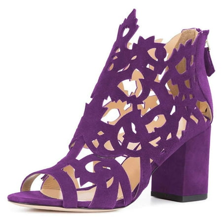 YDN Women Unique Peep Toe Chunky Mid High Heels Ankle Boots Cutout Design Back Zippers Booties Casual Dress Party Daily Shoes Size 7 Purple