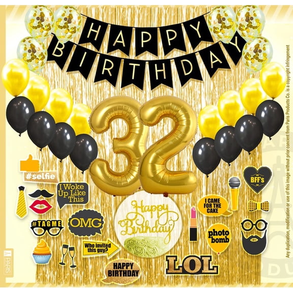 32nd Birthday Decoration Black and Gold for Boy & Girl, 32nd Cake Topper, 32nd Party Supplies for Her and Him, 32nd Birthday Photo Props