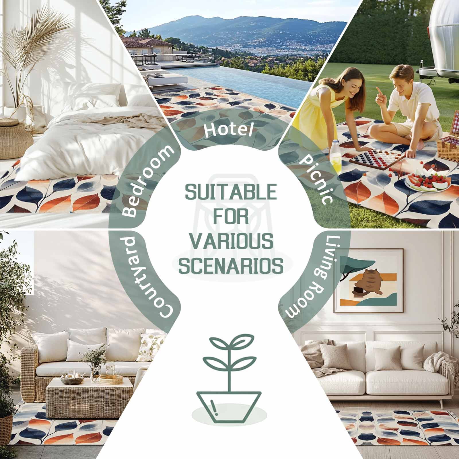 Navy Blue Burnt Orange Botanical Outdoor Rug 4x6 Ft - Reversible Patio Rug Outdoor Camping Rugs, Vintage Leaves Washable Indoor Outdoor Area Rugs, Non-Slip Outdoor Carpet Runner for Deck/Porch
