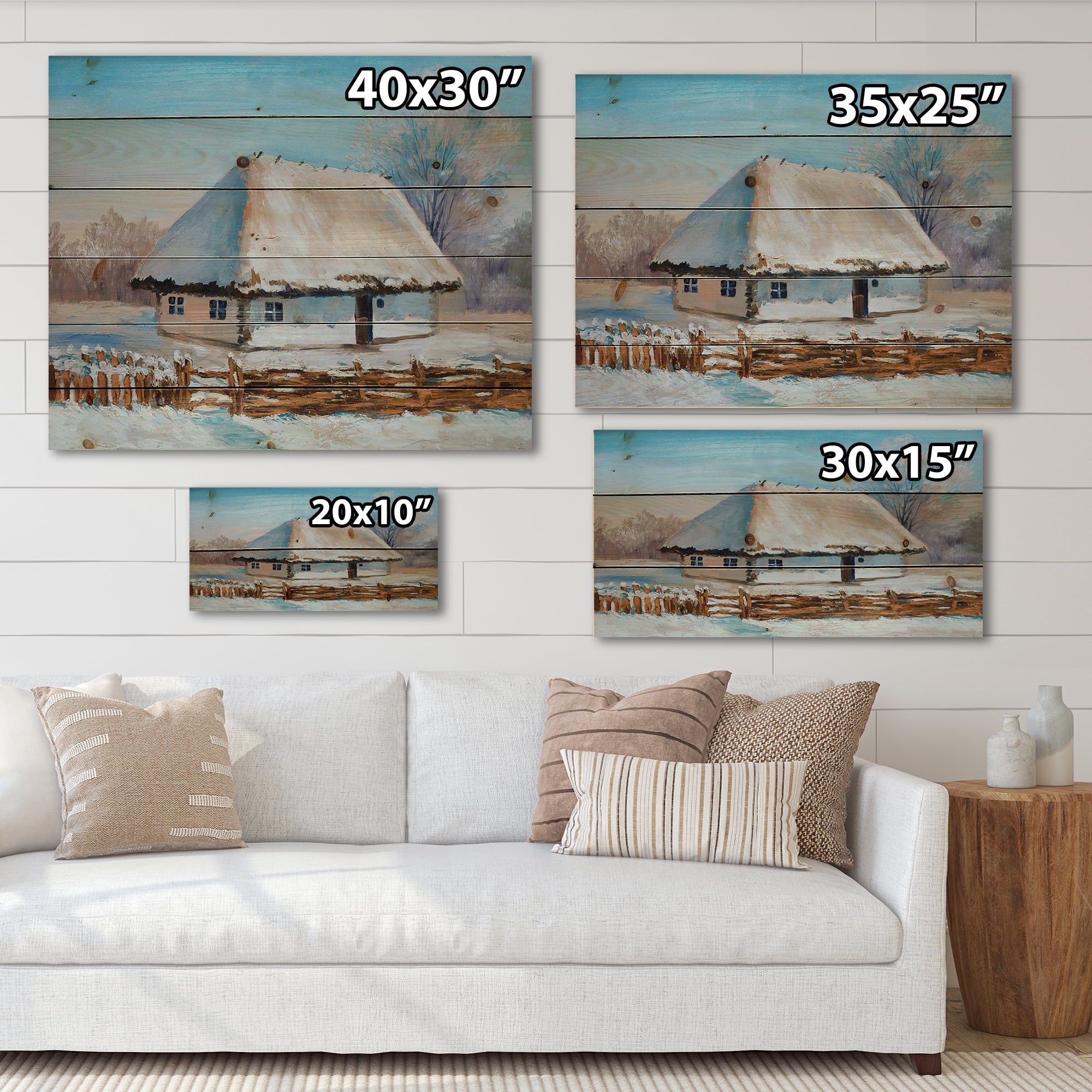 Designart 'Traditional Cottage Covered With Snow In Winter I' Traditional Print on Natural Pine Wood