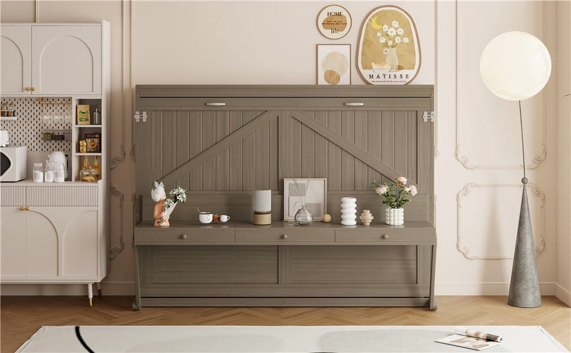 Mintazer Queen Murphy Bed with Vanity Desk, Modern Foldable Wall Bed with Center Mirror for Bedroom Apartment Guest Room, Distressed Gray