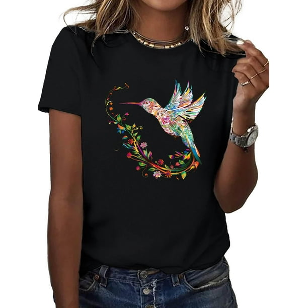 Camiseta de manga corta con estampado de colibrí, cuello redondo informal para primavera y verano, ideal para adultos, hombres, mujeres, adolescentes, jóvenes y uso informal.