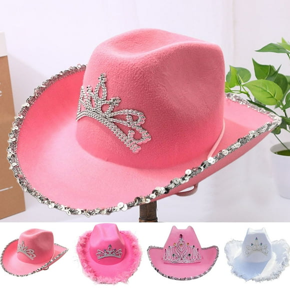 Neinkie Pink Cowboy Hat for Girls - Sparkly Cowgirl Hat with Sequins and a Dazzling Tiara - Cute Cowgirl Birthday Party Hat for Girls - Fun Shiny Cowgirl Costume Accessory