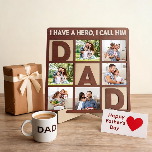 Dad Gift for Fathers Day, Dad Picture Frames from Daughter,Son, 3D Wood Family Photo Frame Decor Home Table Centerpiece