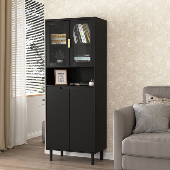 Noble House Tall Storage Bookcase Cabinet with Tempered Glass Doors and Adjustable Shelf, Black