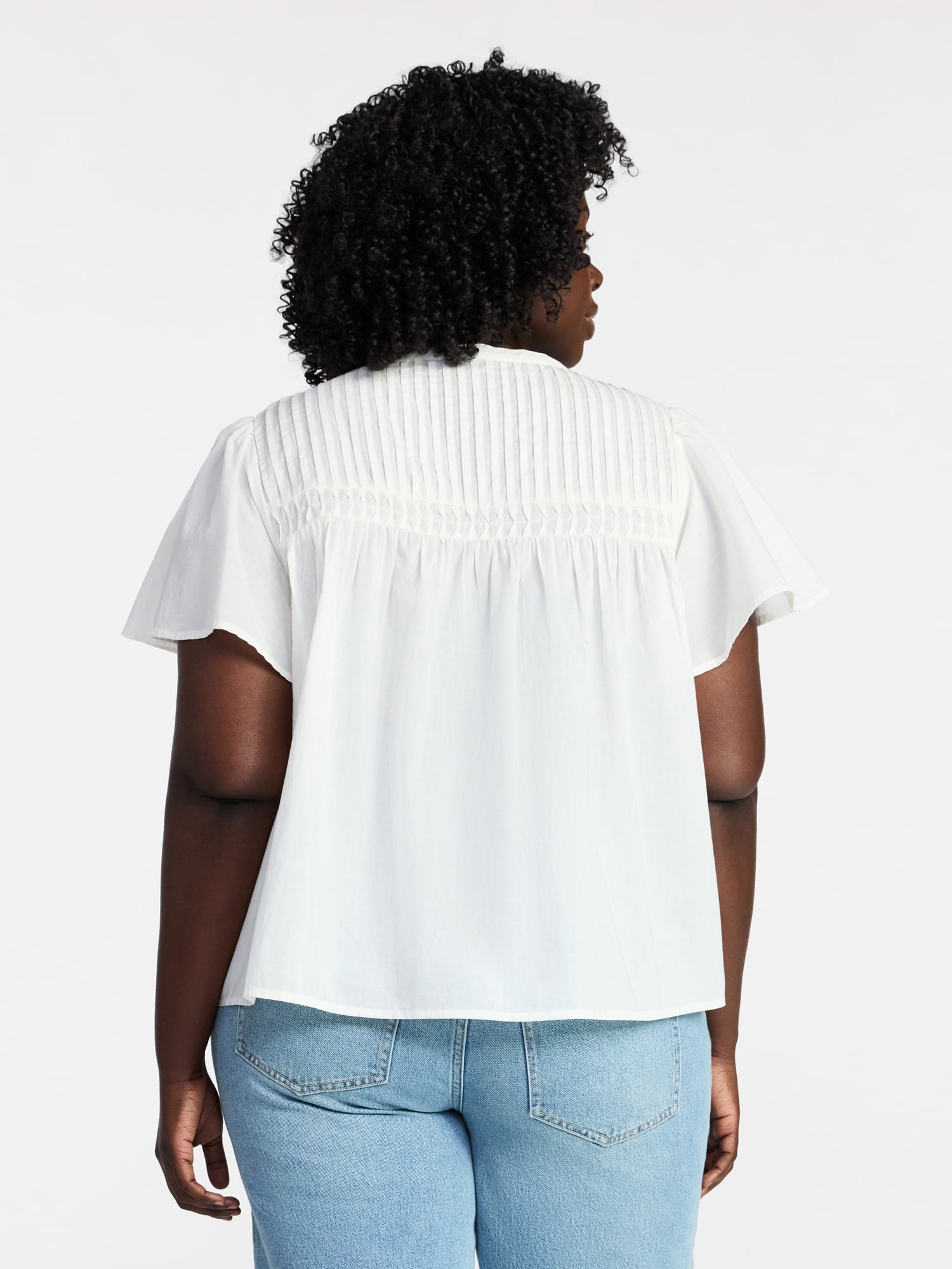 Terra & Sky Women’s Pleated Yoke Top with Short Flutter Sleeves, Sizes 0X-5X