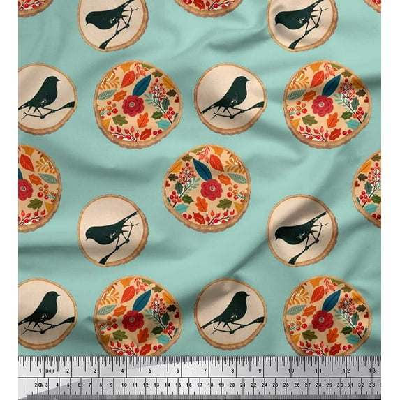 Soimoi Velvet Fabric Leaves,Bird & Floral Artistic Print Sewing Fabric Yard 58 Inch Wide