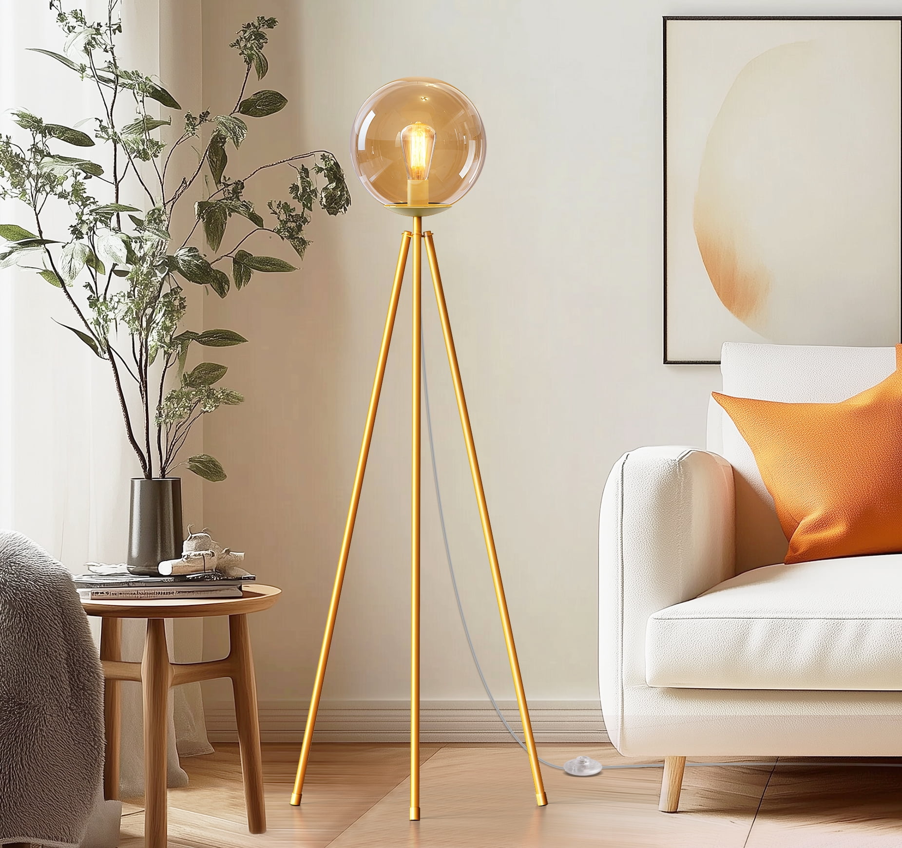 Tripod Floor Lamp for Living Room with Footswitch, Standing Lamp Tall Industrial Floor Lamp Reading for Bedroom, Office (6W LED Bulb and Tea-color Lampshade Included) -Gold