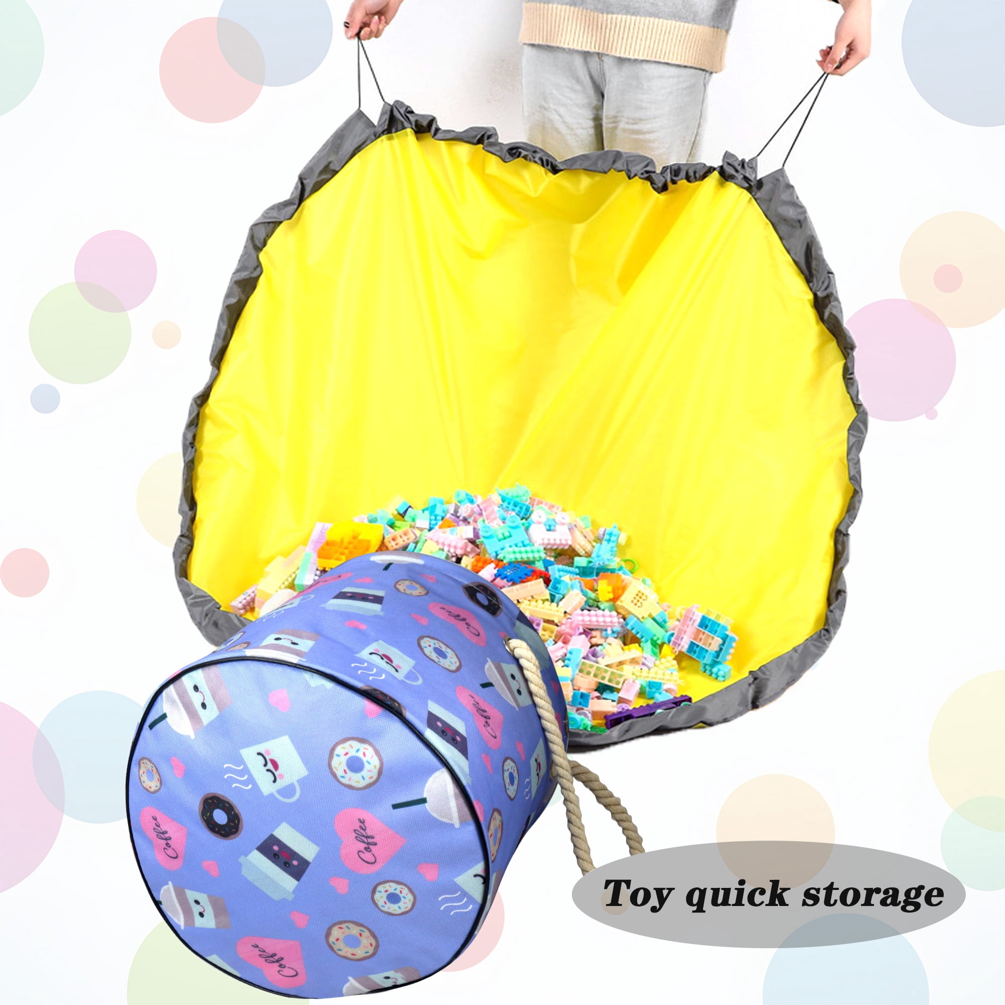 NIETEIN Kids Toy Storage Basket with Play Mat for Building Bricks Collapsible Canvas Organizer Bag (Love Donuts)