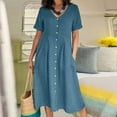 thumbnail image 2 of SnnmBlm Women's Casual V Neck Button Down Cotton Linen Dress Short Sleeve Midi Length Loose Summer Dresses Sky Blue XL, 2 of 6