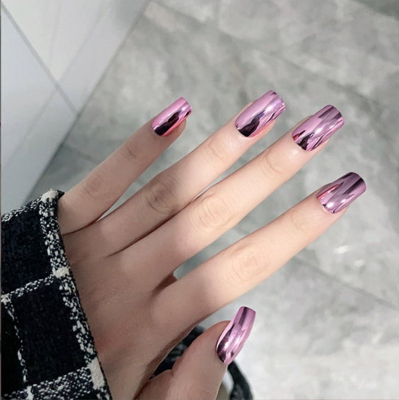 YTTAL French Short Square Press On Nails, Summer False Nails With Cute Flower Pink Design, Glossy Gel Finish Acrylic Nails, Thick Natural Reusable Nail Glue Set For Women, 24 Pieces