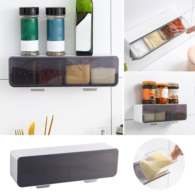Lloopyting Clearance Spice Rack Wall Mounted Kitchen Sugar Condiment Box Drawer Type Monosodium Glutamate Condiment Storage Box Can Hold 4 Kinds Of Seasonings for Kitchen Use Without Punching