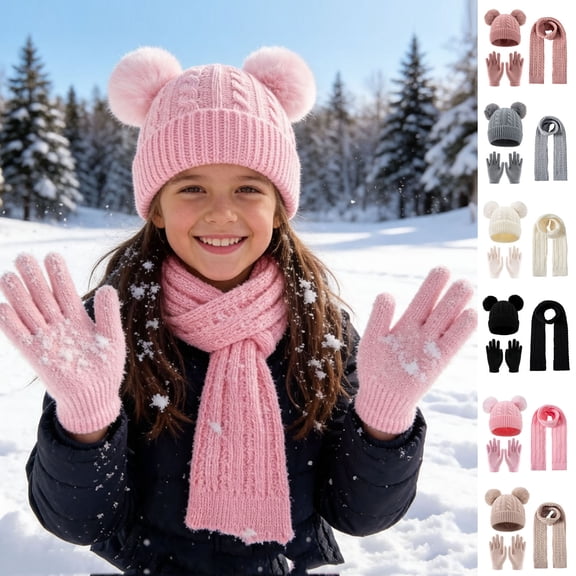 Mooqilaa Girls Pom Pom Beanie Hats, Scarves & Gloves Sets, Knitted 3 Piece Winter Thermal Cold Weather Accessories Pink Size 3-12 T