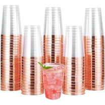 Sparklane 100 Pack Rose Gold Plastic Disposable Cups, 12 oz Clear Plastic Cups Tumblers, Elegant Rose Gold Rim Disposable Glasses Perfect for Party Wedding
