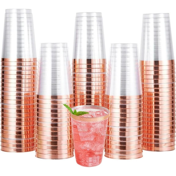 Sparklane 100 Pack Rose Gold Plastic Disposable Cups, 12 oz Clear Plastic Cups Tumblers, Elegant Rose Gold Rim Disposable Glasses Perfect for Party Wedding