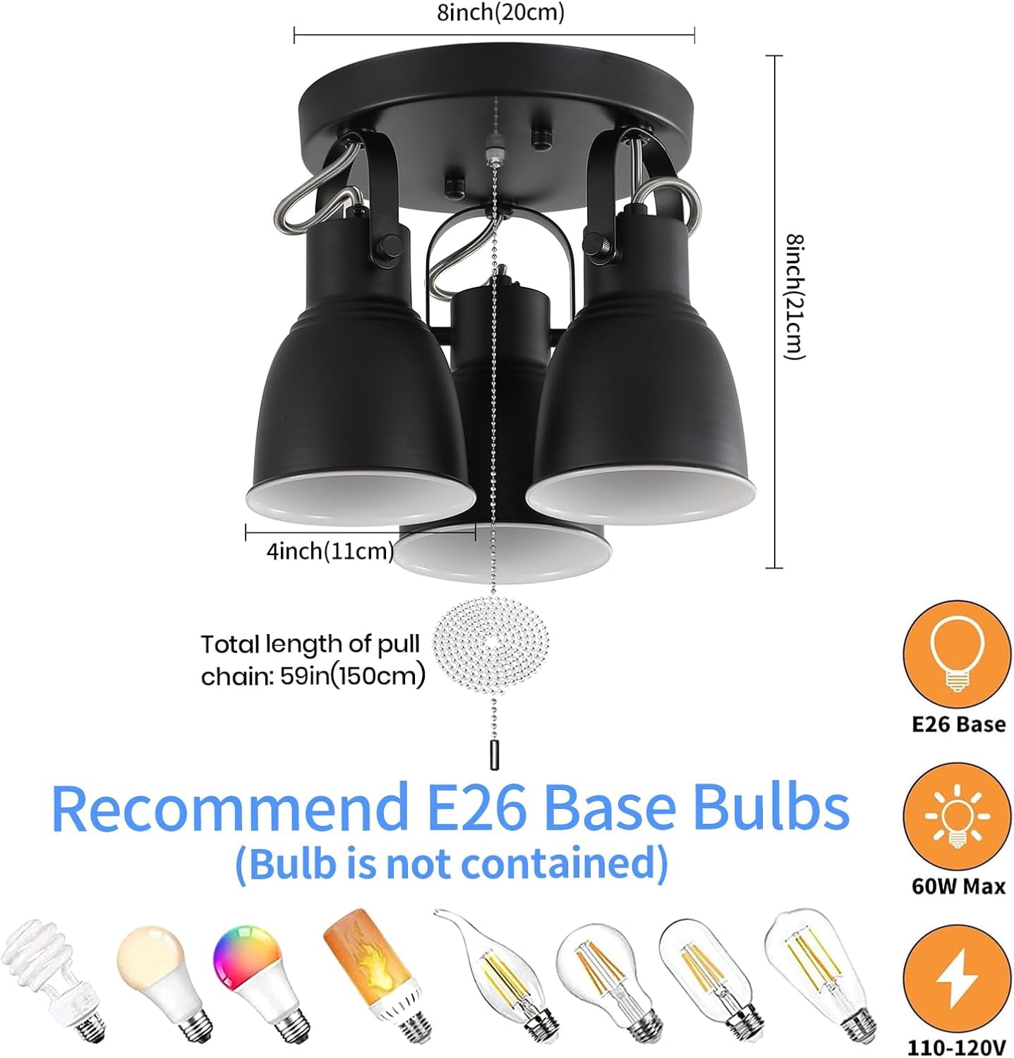 3 Light Ceiling Light with Pull Chain,Adjustable Directional Ceiling Track Light,Industrial Pull Chain Light Fixtures for Bedroom Hallway Closet.