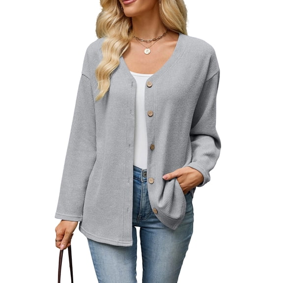 Edvintorg Knit Cardigans for Women V Neck Long Sleeve Loose Casual Button Down Cardigan Women's Clothes Gray S-2XL