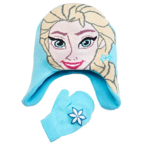 Disney Frozen Toddler Girls Blue Princess Elsa Trapper Hat & Mittens Beanie Set