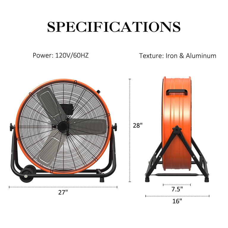 PRO CHOICE 24” Industrial Drum Fan, 9260 CFM, 3 Speed, w/180°Tilt