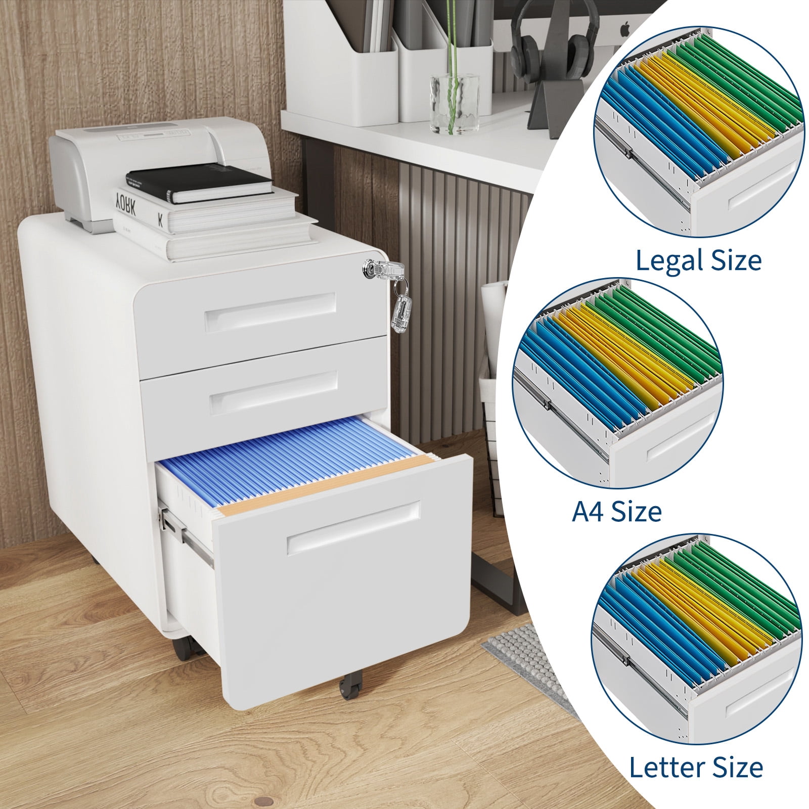 Towallmark Secure 3 Drawer Metal File Cabinet with Lock – Fully Assembled Mobile Filing Cabinet for Home Office, Anti-Tilt 5 Wheels, Under Desk Storage for A4/Letter/Legal Size – White