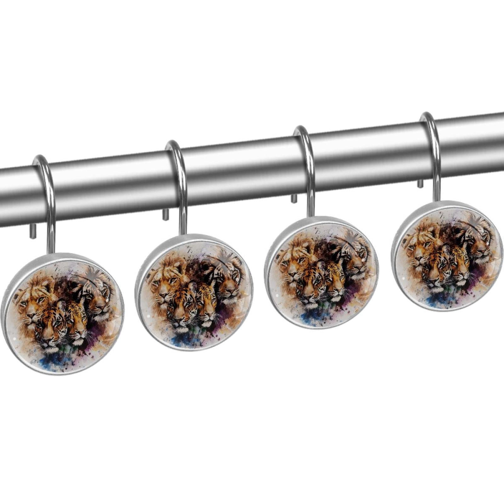 Watercolor Tigers and Lions Shower Curtain Hooks Round Crystal Glass, Set of 12 Shower Curtain Rings - Shower Hooks for Curtain Shower Rings