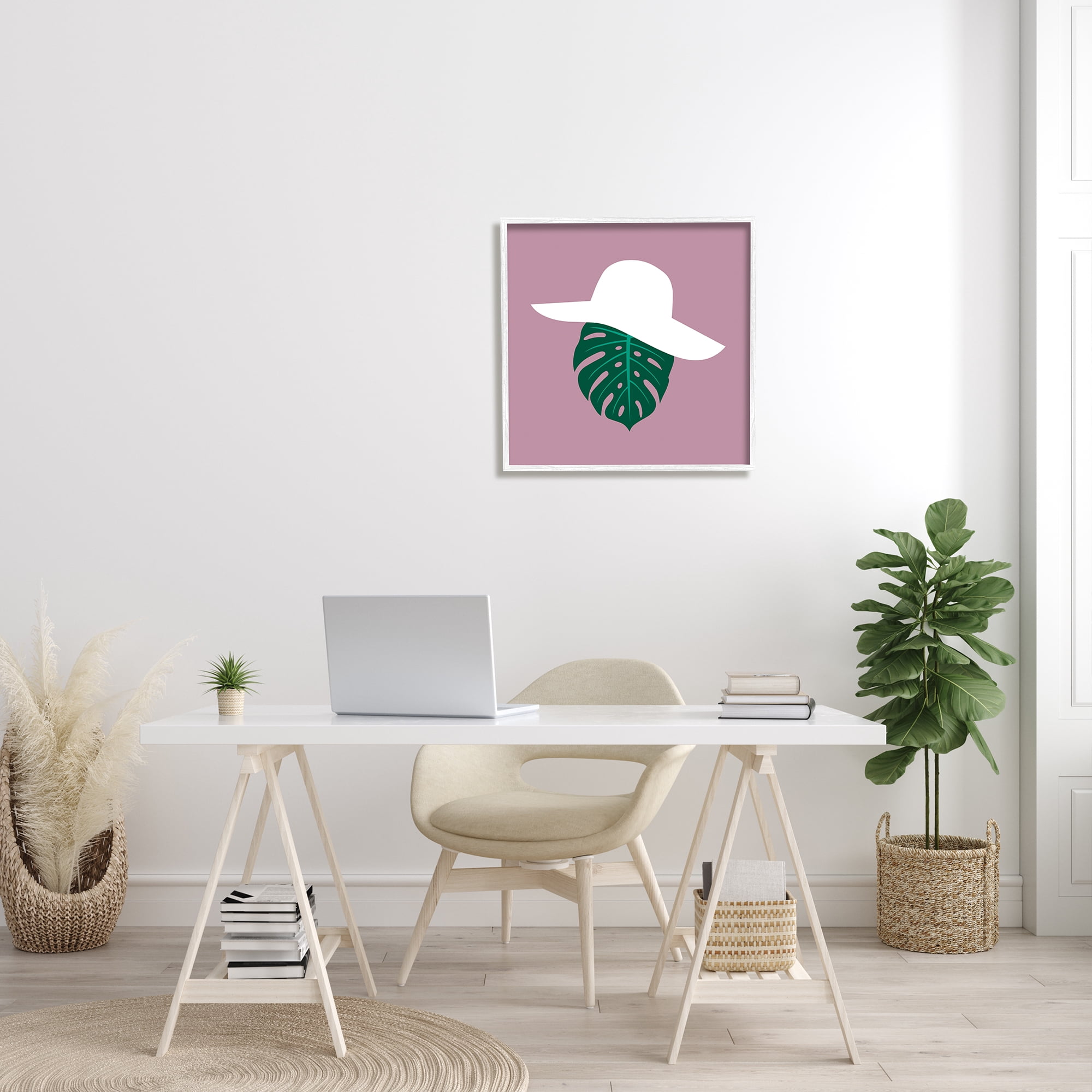 Stupell Industries Tropical Look Fashion Monstera Leaf Floppy Hat Abstract Painting White Framed Art Print Wall Art, 24 x 24
