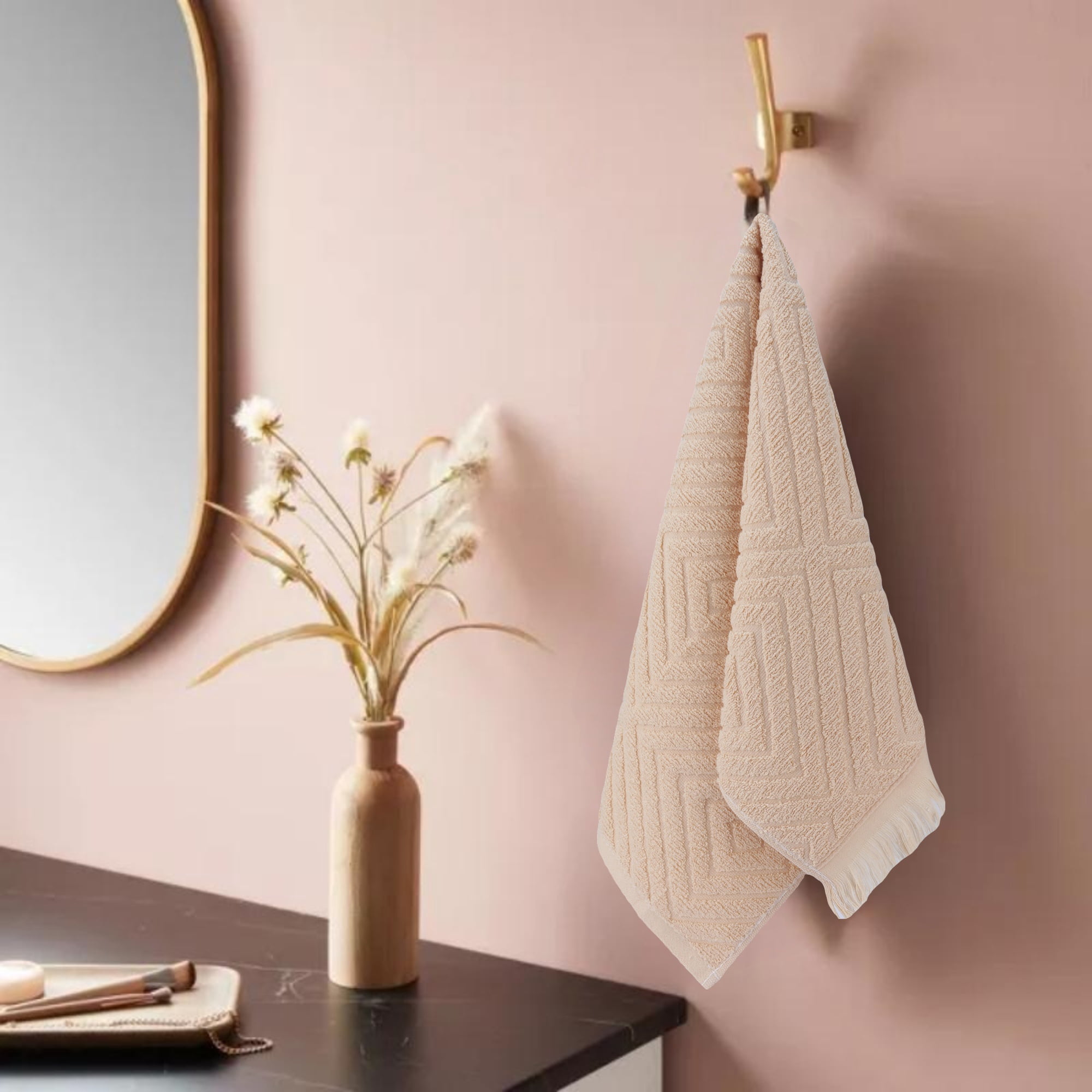 Unique Bargains 4 Pcs Soft Geometric Hand Towels 13" x 29" Brown/Beige