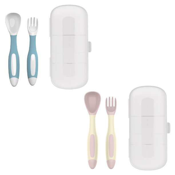 Utensilios para niños pequeños con estuche de viaje, juego de cuchara y tenedor para bebés para aprender a alimentarse por sí mismos, cubiertos con mango flexible para niños pequeños