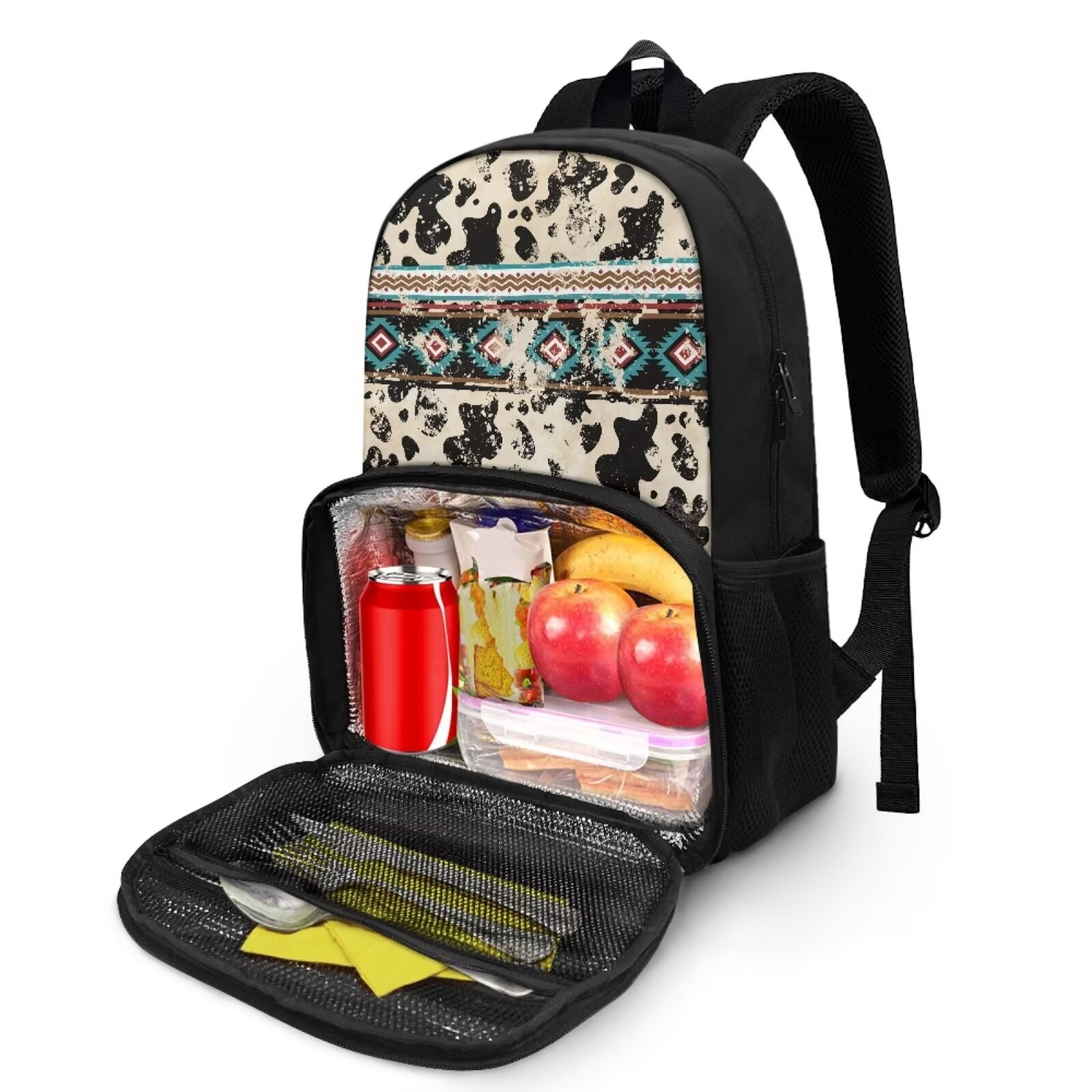 FOR U DESIGNS Soft Lunch Backpack for Women Men, Primary School Bag with Lunch Bag Compartment Aztec Cow Print Book Bag Large Capacity Work Office Daypack