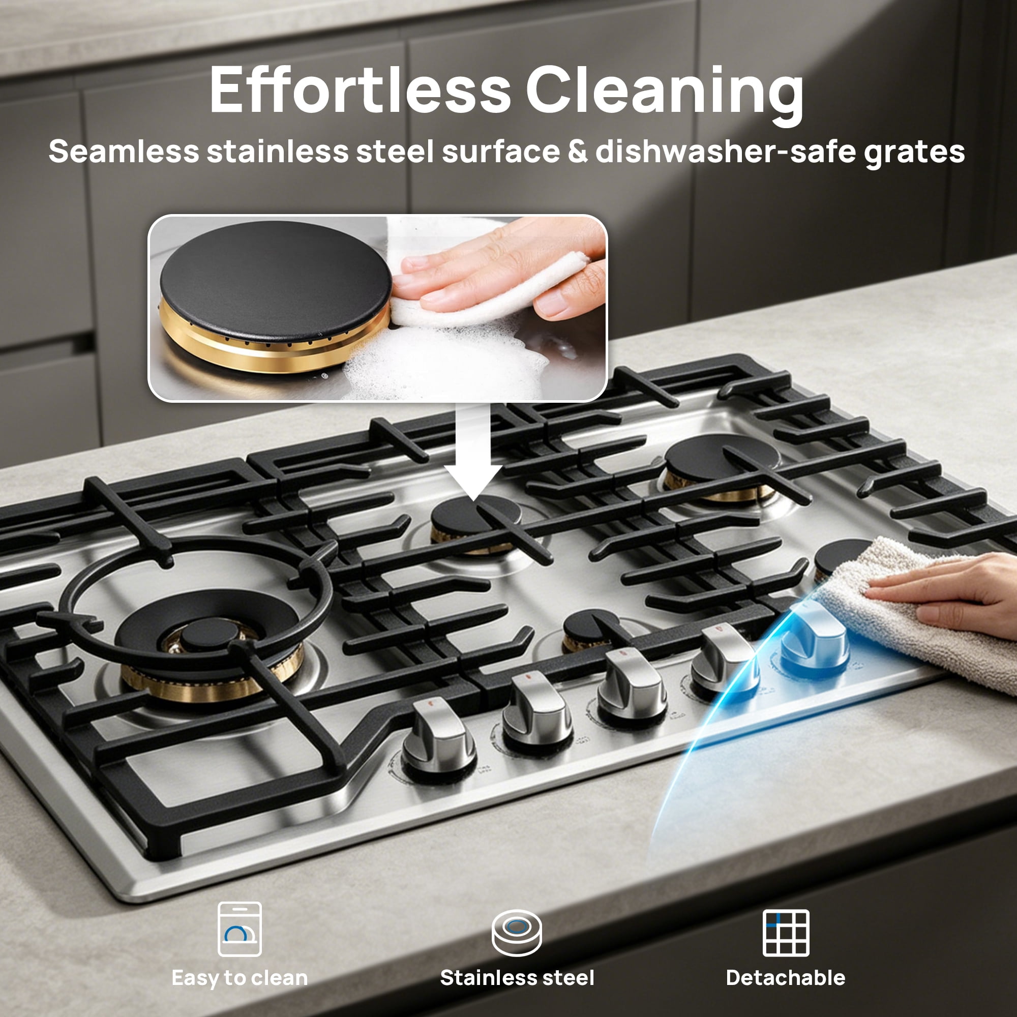 ROBAM 30" Gas Cooktop G513, 5 Made in Italy Brass Burners, 304 Stainless Steel Built-in Gas Stove, 20,000 BTU Dual-Flame Wok Burner, NG/LPG Convertible with Flame Failure Protection