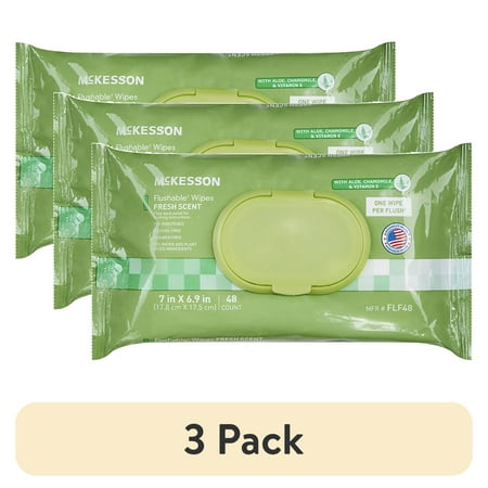 (3 pack) McKesson Flushable* Wet Wipes - Aloe & Vitamin E Formula, Gentle on Skin, Plant-Based Adult Cleansing Wipes - Scented, 48 Wipes, 1 Pack