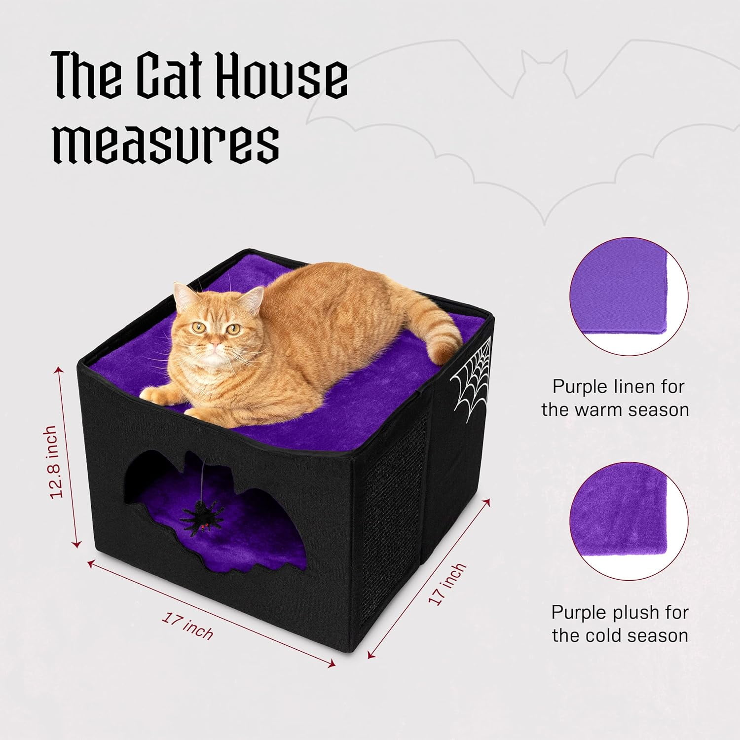 Gothic Cat Bed for Indoor Cats or Pets, Foldable Cat Halloween House 17x17x12.8, Includes Bat-Shaped Entry, Spider Toy, Scratch Pad, and Soft Cushion for Goth Cat, Black and Purple Gothic Cat House