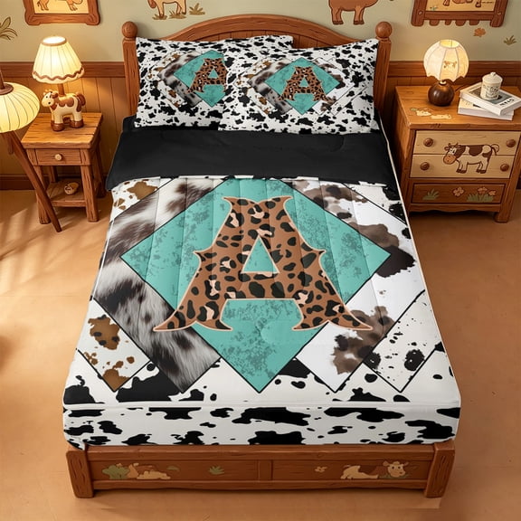 meiyoeat Cow Print Monogram A Zipper Twin Comforter Sets with Fitted Sheet and 2 Pillowcases For Boys,Western Leopard Initial Zipper Bedding Set,Black Reversible,4-Piece