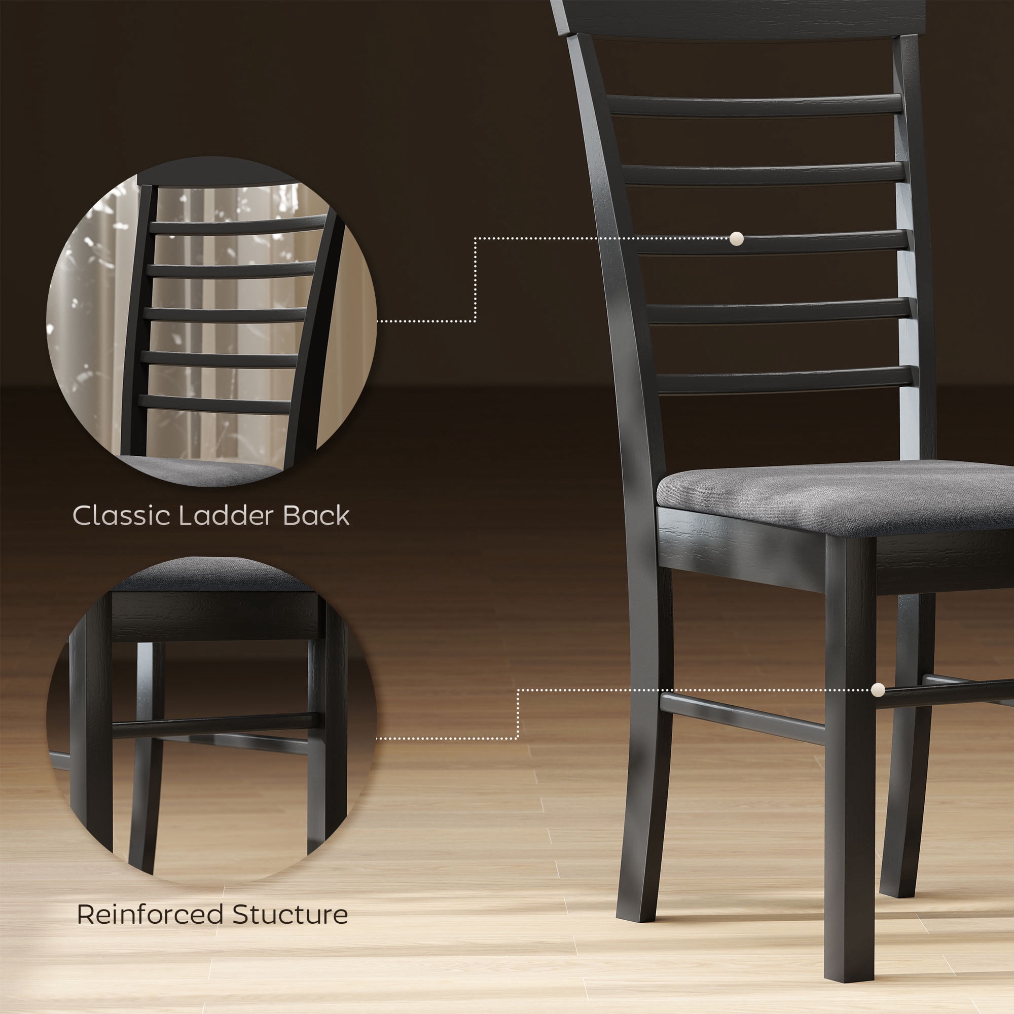 HOMCOM Wooden Dining Chairs Set of 2, Farmhouse Upholstered Kitchen Chairs with Rubber Wood Frame for Living Room, Dining Room, Black and Gray