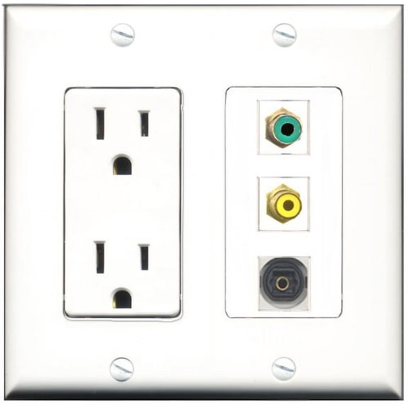 RiteAV - 15 Amp Power Outlet 1 Port RCA Yellow 1 Port RCA Green 1 Port Toslink Decorative Wall Plate