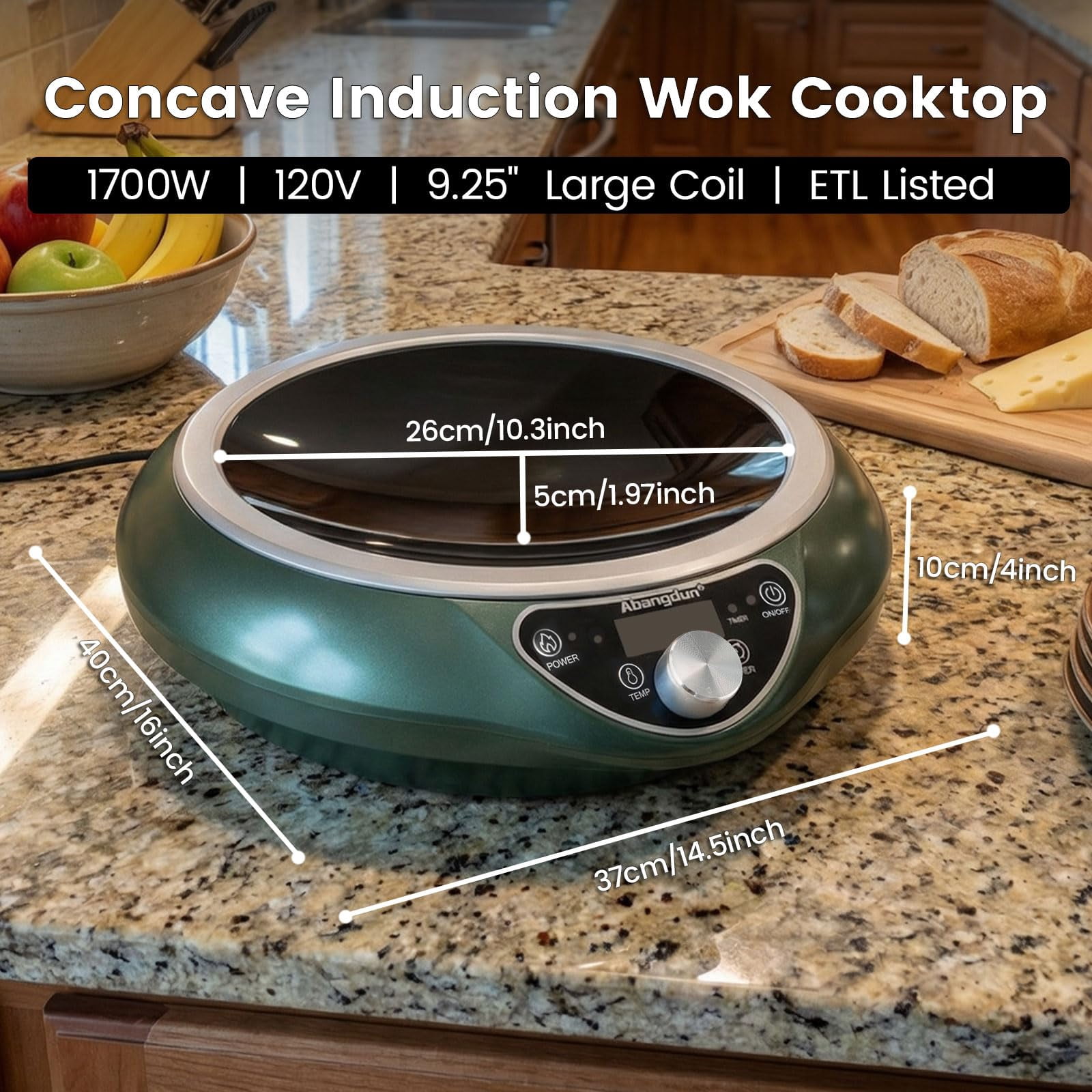 Abangdun 1700W 85V~120V Induction Cooktop Wok Burner 2026 New 1.97″ Deep Concave Curved Surface 16 level Power& Temp Ctrl Electric Stove Hot Plate Commercial Countertop Burner for Cooking Portable